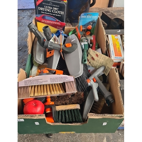 901 - Mixed lot includes Gardena cleaning tools, brushes, Detailing drying cloths, and assorted hardware i... 