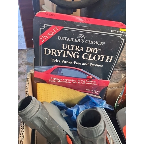 901 - Mixed lot includes Gardena cleaning tools, brushes, Detailing drying cloths, and assorted hardware i... 