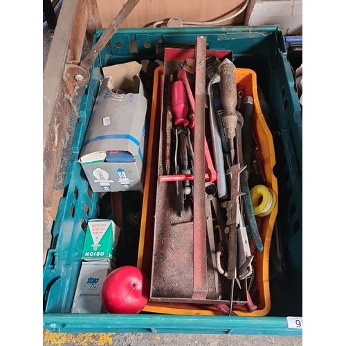 908 - Collection of assorted tools and automotive items, including pliers, screwdrivers, metal files, tape... 