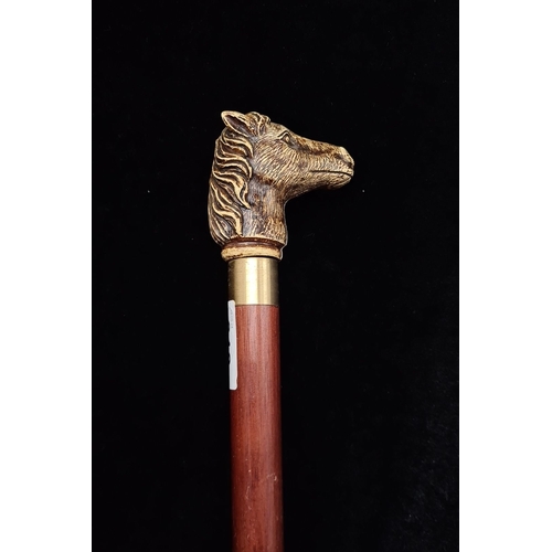 918 - Wooden tipple stick walking cane featuring a brass horse head handle, the head removes to reveal a f... 