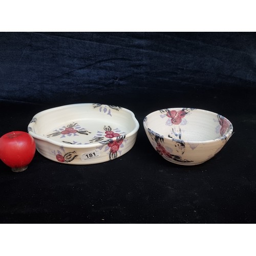 181 - A pair of hand thrown art studio pottery by Irish potter Suzanne May. Very pretty design. Wider bowl... 