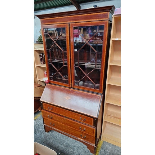 628 - Star Lot : Edwardian mahogany bureau bookcase with glazed doors, fitted interior with pigeonholes, a... 