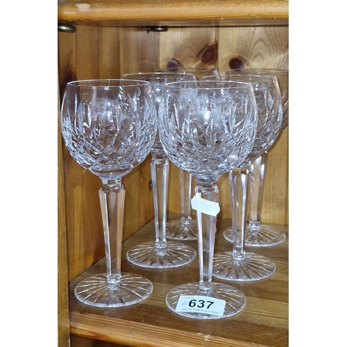 637 - Set of six Waterford Crystal intricately cut hock crystal glasses with an elegant stem design, accom... 