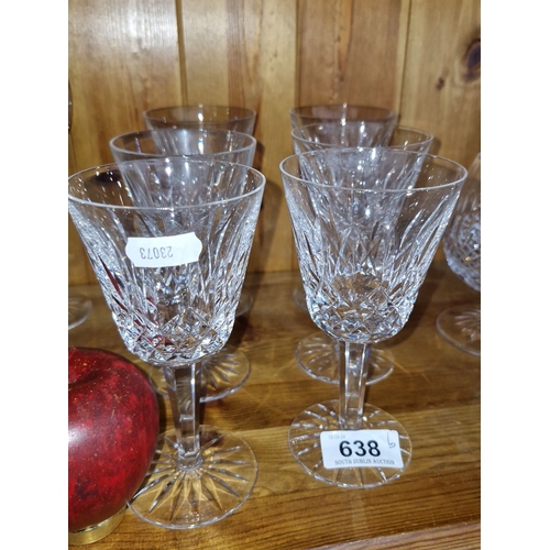 638 - Set of six Waterford crystal  cut crystal stemmed wine glasses with faceted stems and intricate diam... 