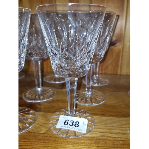 638 - Set of six Waterford crystal  cut crystal stemmed wine glasses with faceted stems and intricate diam... 