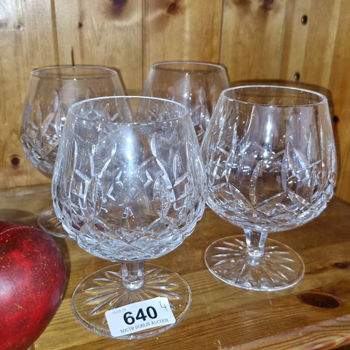 640 - Set of four Waterford crystal brandy glasses featuring intricate cut patterns. These elegant pieces ... 