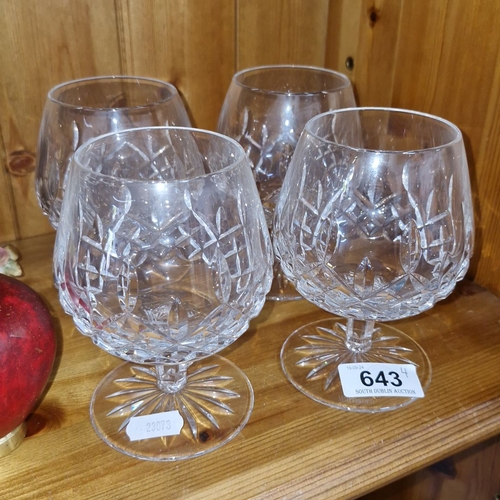 643 - Set of four Waterford Crystal brandy snifters feature intricate cut designs with etched Waterford si... 