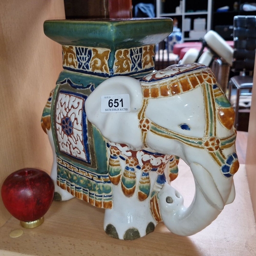 651 - Antique ceramic elephant figurine, intricately hand-painted with vibrant colors and ornate details, ... 