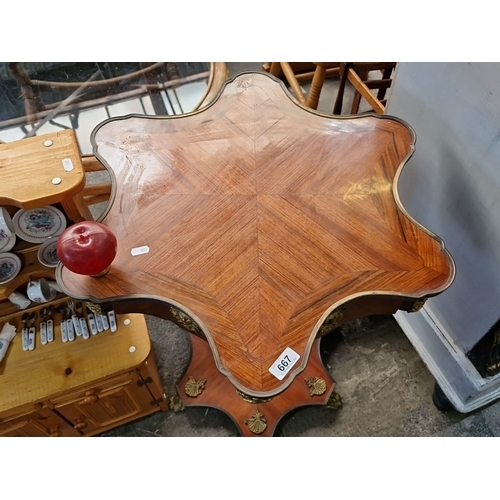 667 - Star Lot : A stunning Vintage French Louis XV1 Burl Marquetry pedestal table with ornate brass accen... 