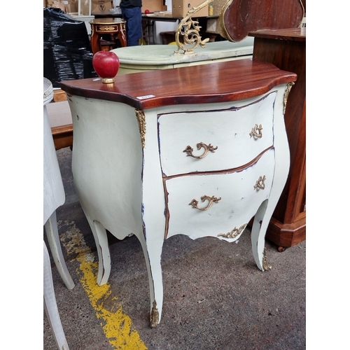 675 - Star Lot : Antique-style bombe chest of drawers with gold-toned handles and trim, featuring a distre... 