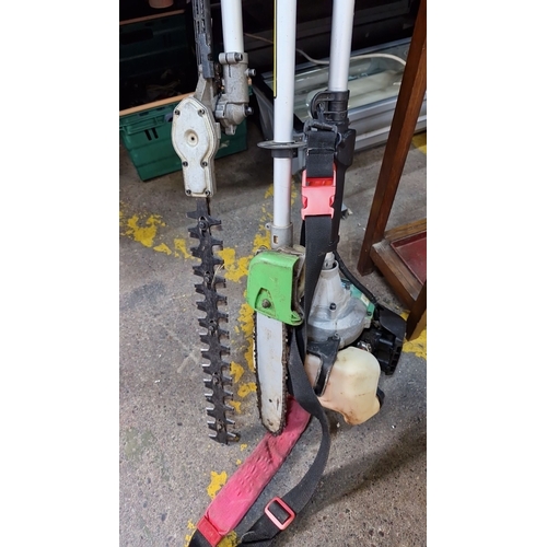 681 - A 3 in Brush cutter, chain saw and hedge trimmer powered by petrol, featuring an adjustable pole and... 