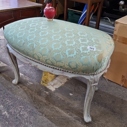 684 - Star Lot : A very attractive Large Upholstered French stool with carved wooden legs and aqua damask ... 