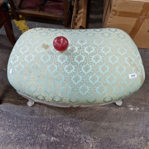 684 - Star Lot : A very attractive Large Upholstered French stool with carved wooden legs and aqua damask ... 