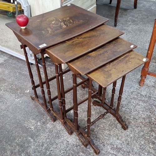 690 - Star Lot : A super Set of four vintage nesting tables with hand-painted pastoral scenes on wooden to... 