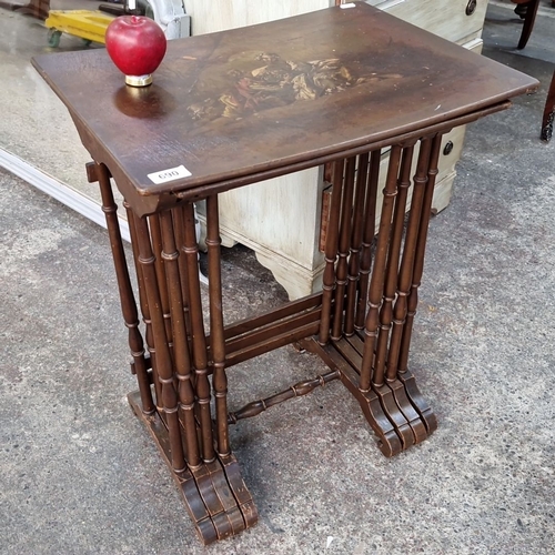 690 - Star Lot : A super Set of four vintage nesting tables with hand-painted pastoral scenes on wooden to... 