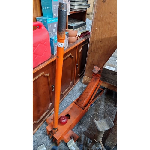 697 - A heavy Duty Hydraulic pallet truck by Hydraulic & Pallet Truck Services Ltd., Dublin. Bright orange... 