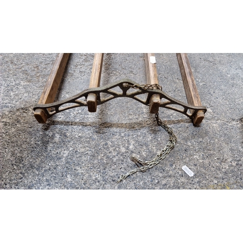 698 - Star Lot : Victorian full size mahogany clothes airer,  with four slats and decorative metal accents... 