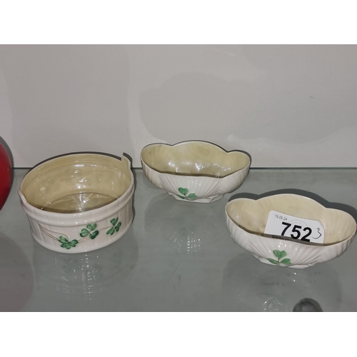 752 - Three pieces of third black stamp Belleek including two salts and a butter pail in lovely condition.... 