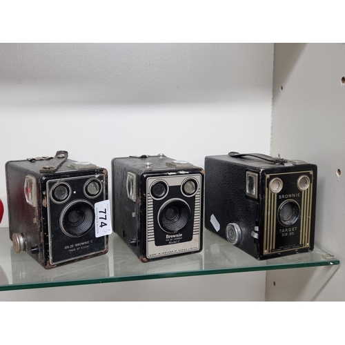 774 - Three vintage Mid Century cameras including two six-20 'Brownie' C made by Kodak, along with a Brown... 