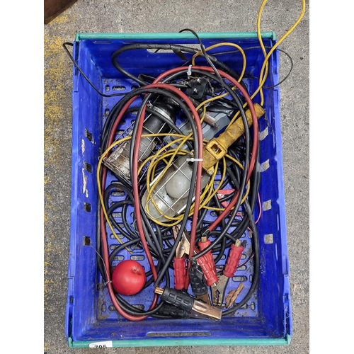 705 - A box of garage items including inspection lamps and jump leads.