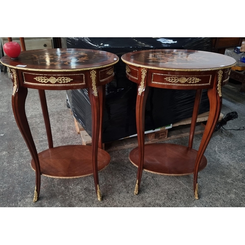 712 - Star Lot : A stunning pair of matching French baroque style oval shaped side tables with profuse flo... 