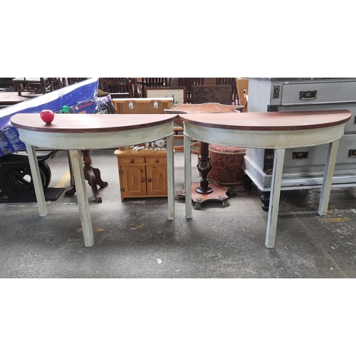 731 - Star Lot : A fabulous pair of Matching demi lune console tables With rustic distressed French style ... 