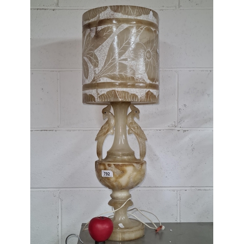 792 - A rather striking solid onyx table lamp  and onyx shade boasting exquisite bird motifs as well as fl... 