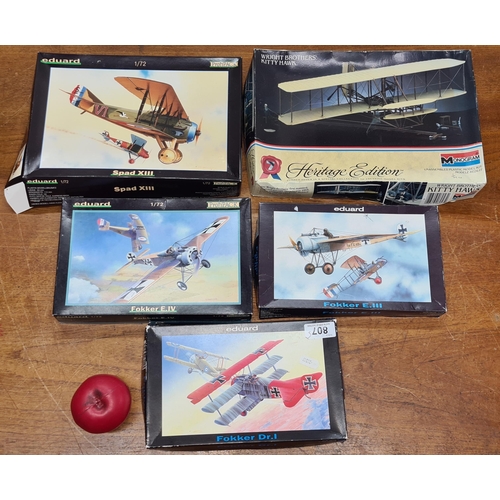 807 - Five boxed Eduard 1/72th scale unassembled plane models. Includes Spad XIII and Fokker Dr I and E II... 