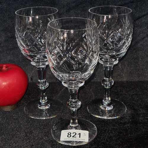 821 - Three Fab Webb Corbett cut crystal wine glasses. All in good condition with etched marks to base.