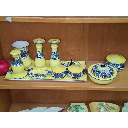 823 - A very vibrant Bright Yellow & Floral Regal Ware dressing table set with matching tray circa. 1920's... 