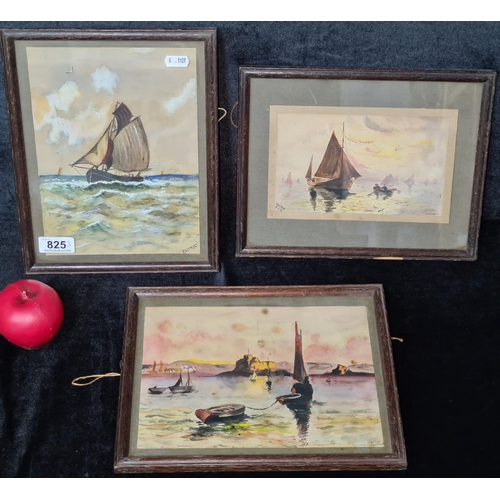 825 - A triptych of original watercolour on paper paintings featuring a seascape / coastal scene with sail... 