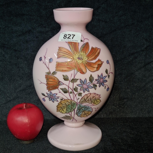 827 - A fabulous vintage hand painted pink satin glass vase.