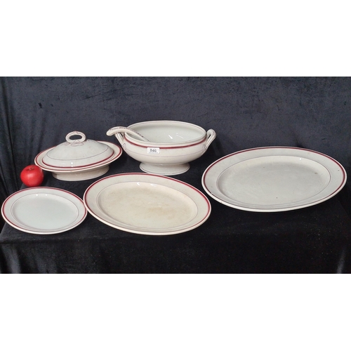 846 - Five large ceramic dinnerware items including a lidded tureen as well as a large meat  platter.