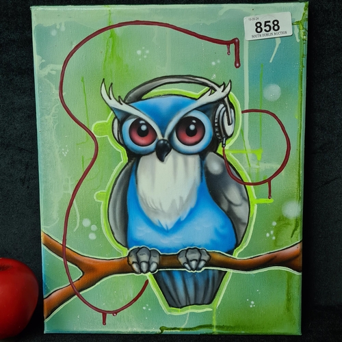 858 - A sweet hand touched print on canvas painting after 'Phil Atkinson' titled 'Bird with beats'. Featur... 