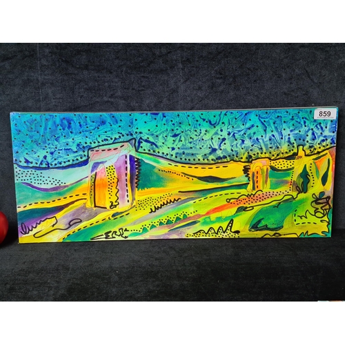 859 - An energetic acrylic on canvas painting. Features an abstract landscape scene with a bridge. Rendere... 