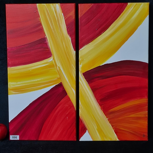 860 - A pair of cheerful original oil on canvas paintings. Features an abstract composition with flat broa... 