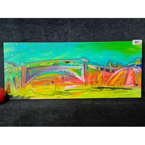 861 - A lively original acrylic on canvas painting. Features a surreal imaginative landscape with flying c... 