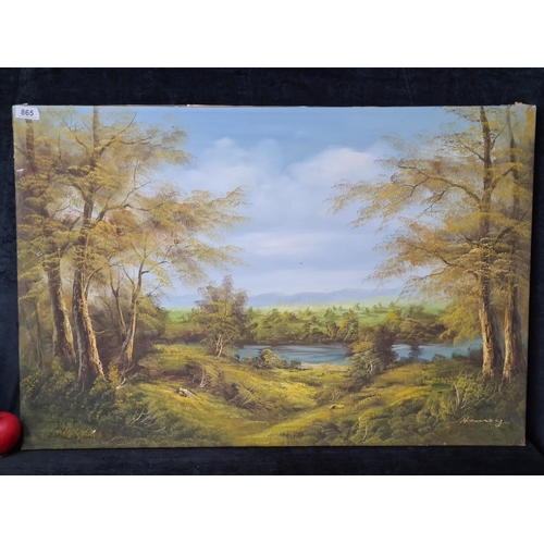 865 - A delightful original oil on canvas painting. Features a picturesque landscape scene with blue mount... 