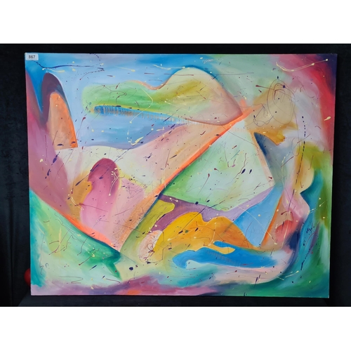 867 - A very large original oil on canvas painting. Features a playful composition with bright vivid colou... 