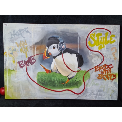 868 - A striking oil on canvas painting after 'Phil Atkinson' titled 'Puffin Beats'. Features a Puffin wit... 