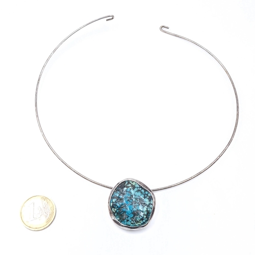 530 - A Collarette turquoise  pendant set in silver mount marked 925. Collarette - 13 cms diameter. Stone ... 