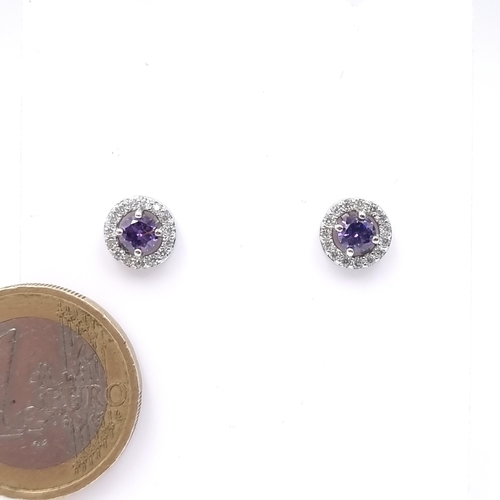 551 - A pair of sterling silver amethyst & gemstone stud earrings. Old new stock. Boxed.