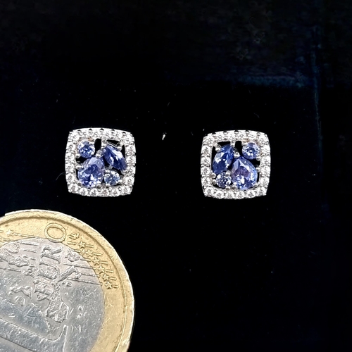 559 - A pair of sterling silver Tanzanite stud earrings set with white sapphire surround. New stock. Boxed... 