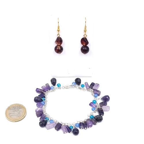 560 - A sterling silver bracelet set with amethyst, blue agate & quartz stones. Together with a pair of ba... 