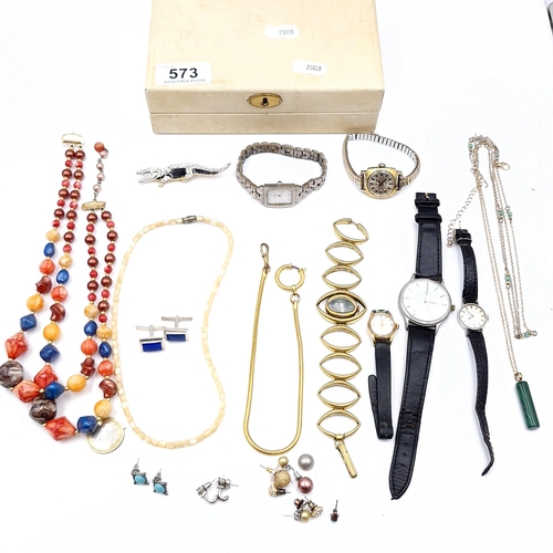 573 - A box containing a large quantity of jewellery consisting of watches and necklaces. As per photograp... 