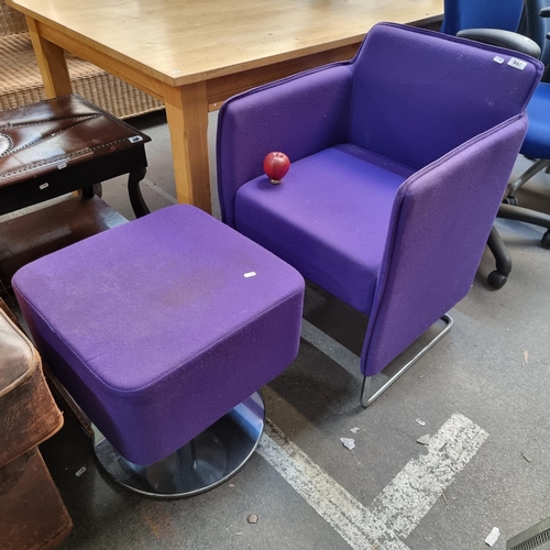 947 - Star lot : A designer Allermuir purple lounge chair with matching ottoman, featuring polished chrome... 