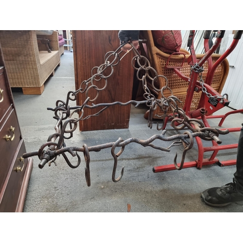 958 - Star Lot : A fantastic antique blacksmith made pot rack with original hooks to hang pots. Its a beau... 