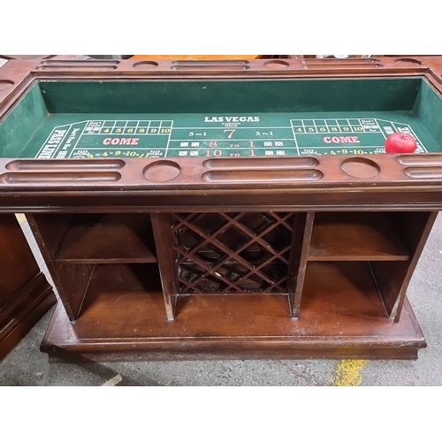 1047 - Star lot : Vintage wooden gaming table with craps, roulette  and blackjack layouts. Features multipl... 