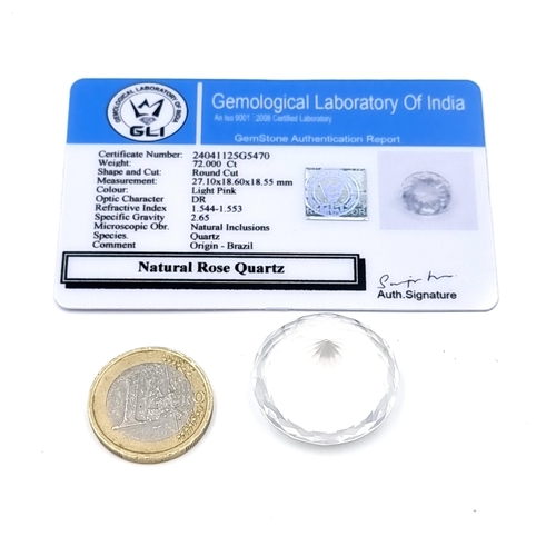 1094 - A very nice example of a natural rose quartz stone of 72 carats. Comes with certificate of authentic... 