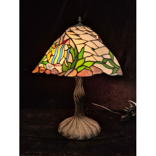 187 - A gorgeous large Tiffany style table lamp, with a lovely large colourful shade with tropical fish .